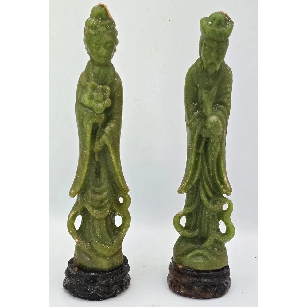 Vintage Ceremonial Jade Green Chinese Figure Carved Wax Candles Pair Unused